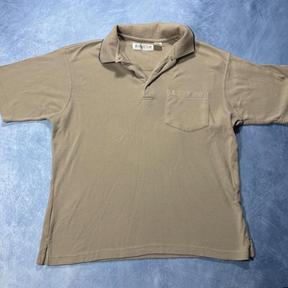 Grand Slam men casual polo golf tan long sleeve shirt with pocket